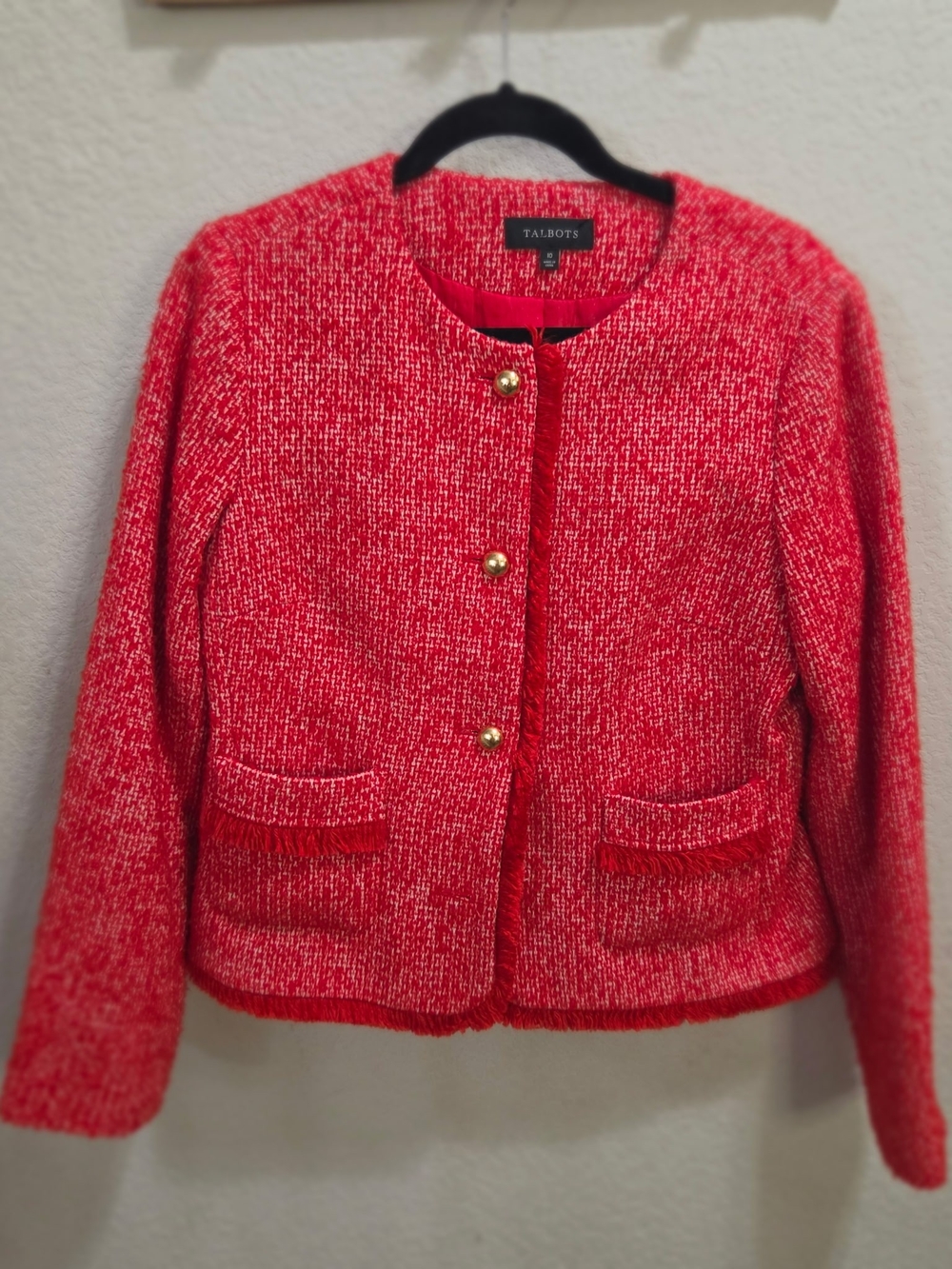 Talbots Red Tweed Collarless Jacket